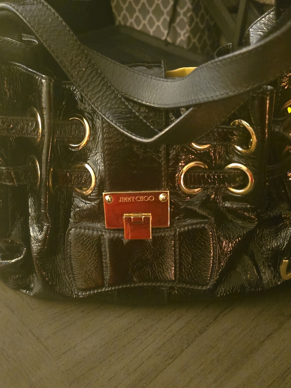 Jimmy Choo Black Patent Shoulder Bag with Gold Hardware